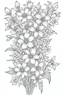 daisies and daffodils with cherry blossoms, snow drops, violets, greenery stems bouquet  tattoo design idea