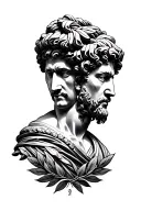 Julius Caesar's head mirrored three times, connected with laurel wreath and shadow, many fineline elements tattoo design idea