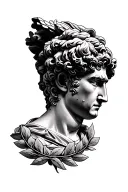 Julius Caesar's head mirrored three times, connected with laurel wreath and shadow, many fineline elements tattoo design idea