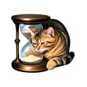 A hourglass with all the sand at bottom section. A curled up domestic manx cat sleeping inside the bottom section tattoo design idea