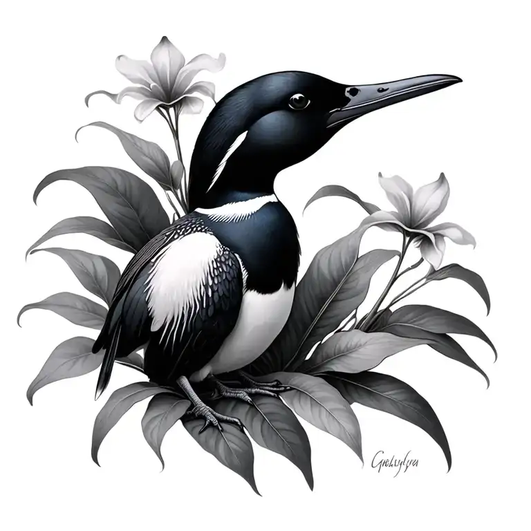 lady slipper and loon bird tattoo design idea