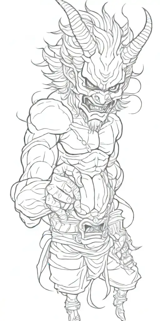 male anime character  oni mask fighting off inner demons with minimal black tattoo design idea
