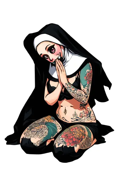sexy nun with big eyes with bare breasts and protruding nipples with a gag in her mouth prays on her knees tattoo design idea