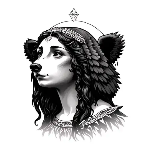 Bear head with virgin woman's face with wings tattoo design idea