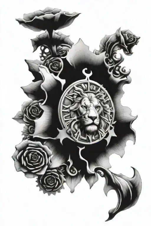 Lion Clock gears forming rose surrounded tattoo design idea