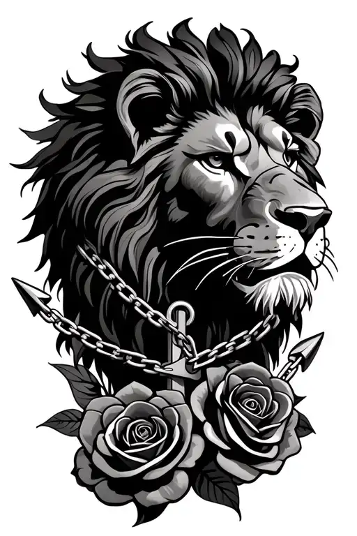 lion head with chain-link and anchor surrounded by roses tattoo design idea