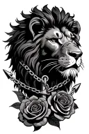 lion head with chain-link and anchor surrounded by roses tattoo design idea