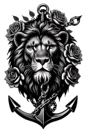 lion head with chain-link and anchor surrounded by roses tattoo design idea