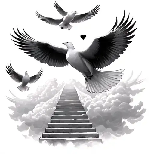 4 doves flying in clouds with steps leading to heaven with 2 dates for each dove tattoo design idea