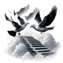 4 doves flying in clouds with steps leading to heaven with 2 dates for each dove tattoo design idea