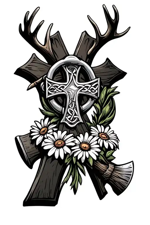 celtic cross. claddagh ring in the middle. antlers at top of the cross. at base of cross an axe and bushel of daisies tattoo design idea