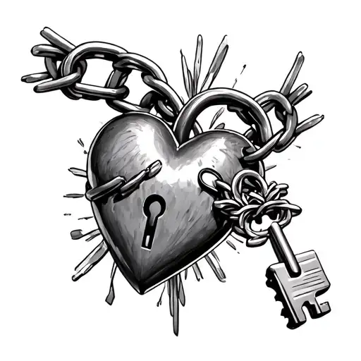 Chains of constraint, not letting go of the misunderstanding of life. But at the end of the chain is a heart, bound in a huge lock, but the key to tattoo design idea