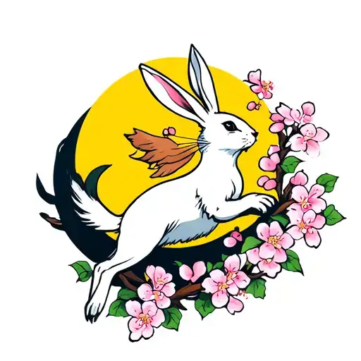 a white hare leaping with cherry blossoms and a yellow moon behind it tattoo design idea