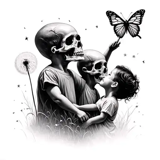 3 skull children oldest boy blowing a dandelion middle aged girl reaching for the stars and young boy after butterfly  tattoo design idea