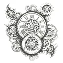 time running, time travel, clock mechanism intertwined tattoo design idea