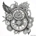 time running, time travel, clock mechanism intertwined tattoo design idea