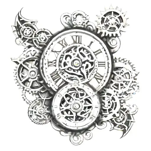 time running, time travel, clock mechanism intertwined tattoo design idea