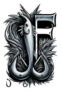Two fishing hooks with one F above tattoo design idea