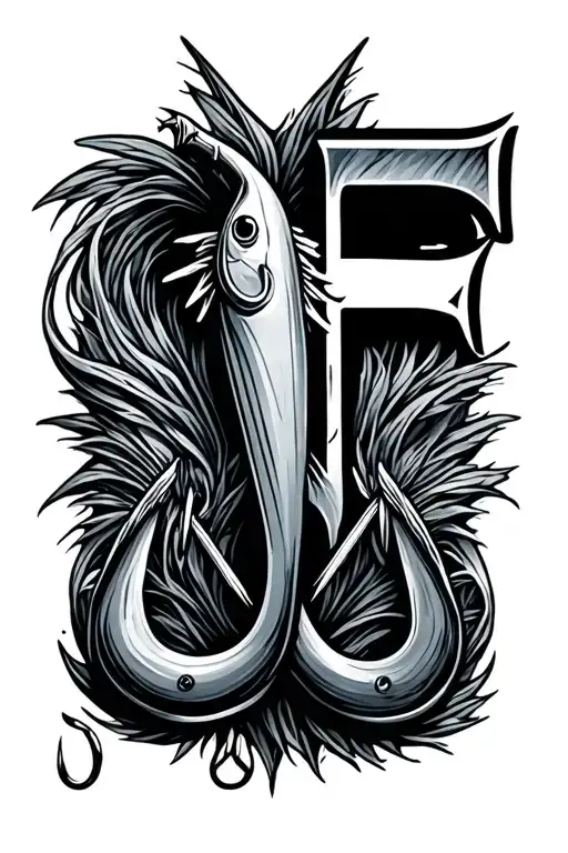 Two fishing hooks with one F above tattoo design idea