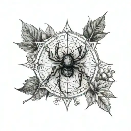 Vegvisir symbol and spider and plants growing tattoo design idea