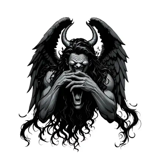 big devil with evil laugh holding long hair handsome angel angel is so sad tattoo design idea