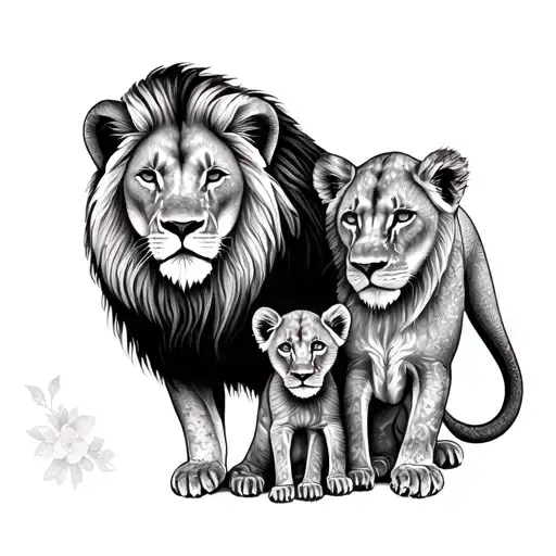 lion, lioness and 2 cubs floral tattoo design idea