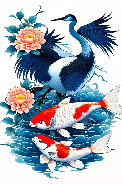 Blue painting in the style of "blue-bye" with two cranes, chrysanthemums and two carps of koi tattoo design idea