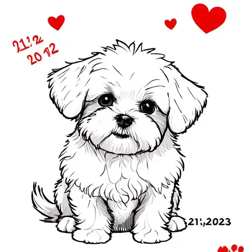 cute bichon maltese with love in its eyes, the date "21.12.2023" and a paw somewhere next or near it make it simple tattoo design idea