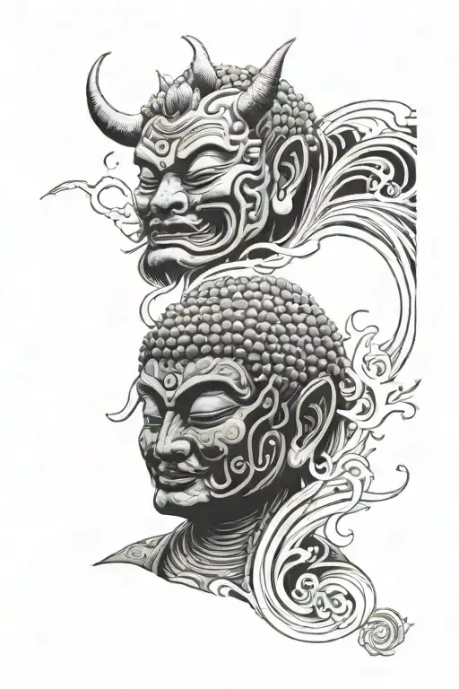 Buddha and oni mask split in half tattoo design idea