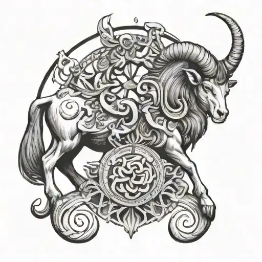 large Capricorn protecting Aries and Leo zodiac sign tattoo design idea