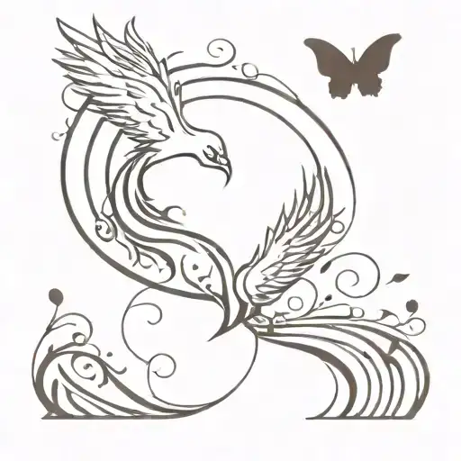 A phoenix rising from the ocean waves, surrounded by musical notes and butterflies tattoo design idea