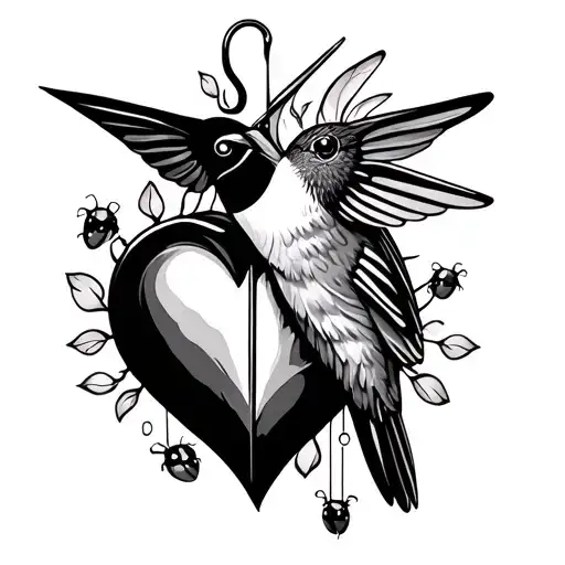 humming bird, lady bug and fishing hook heart made tattoo design idea