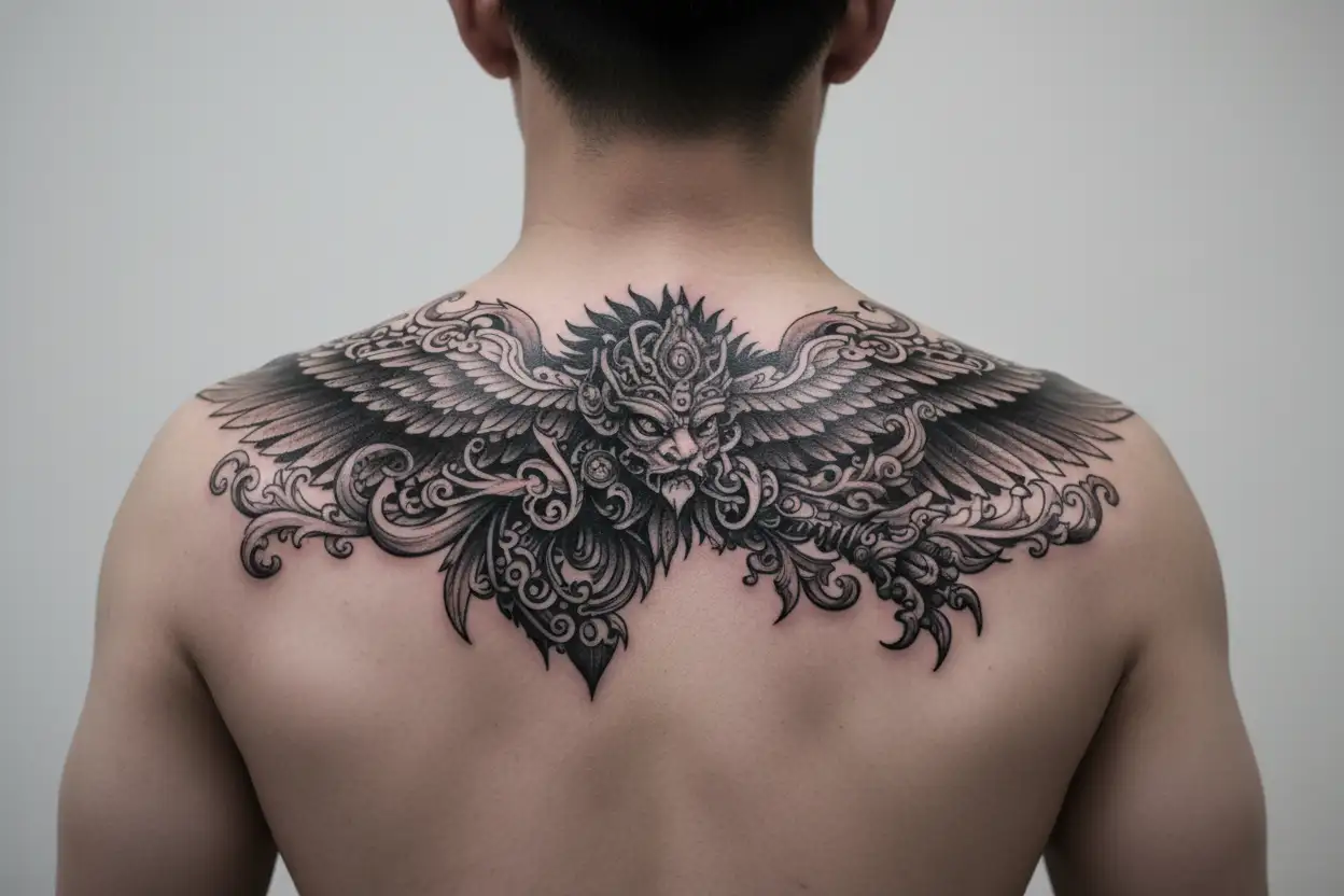 a sun rise and a garuda and vajra the weapon of lord indra as a bicep band tattoo black and white , hindu inspired and t tattoo design idea