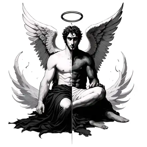 half male angel with halo sitting on top, half male devil tattoo design idea