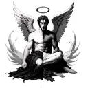 half male angel with halo sitting on top, half male devil tattoo design idea