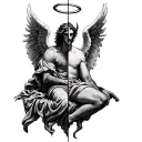 half male angel with halo sitting on top, half male devil tattoo design idea