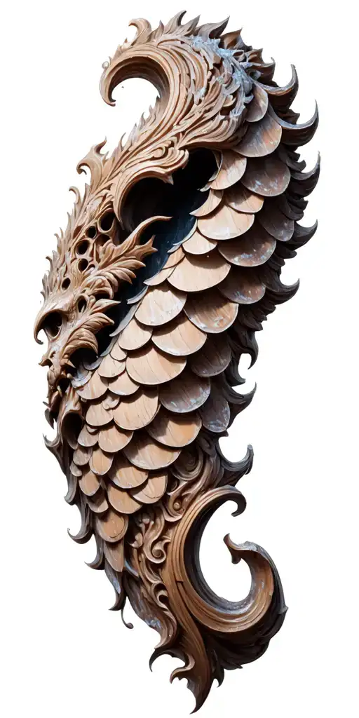 Three D , Baroque style tattoo, center carved scales made of wood Provence style half in fire half in hoarfrost - cold,  tattoo design idea