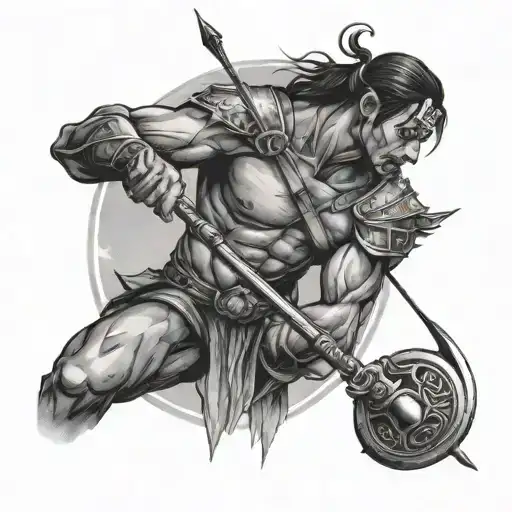 Create me a warrior male pulling back a bow and arrow in a fierce battle tattoo design idea
