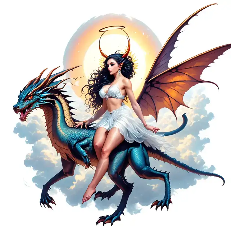beautiful devil woman with halo riding dragon with fairy wings above the clouds with sun shinning no colour tattoo design idea