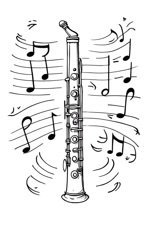 a simple clarinet with a whole note, half note, eighth note, and triplet surrounding it tattoo design idea