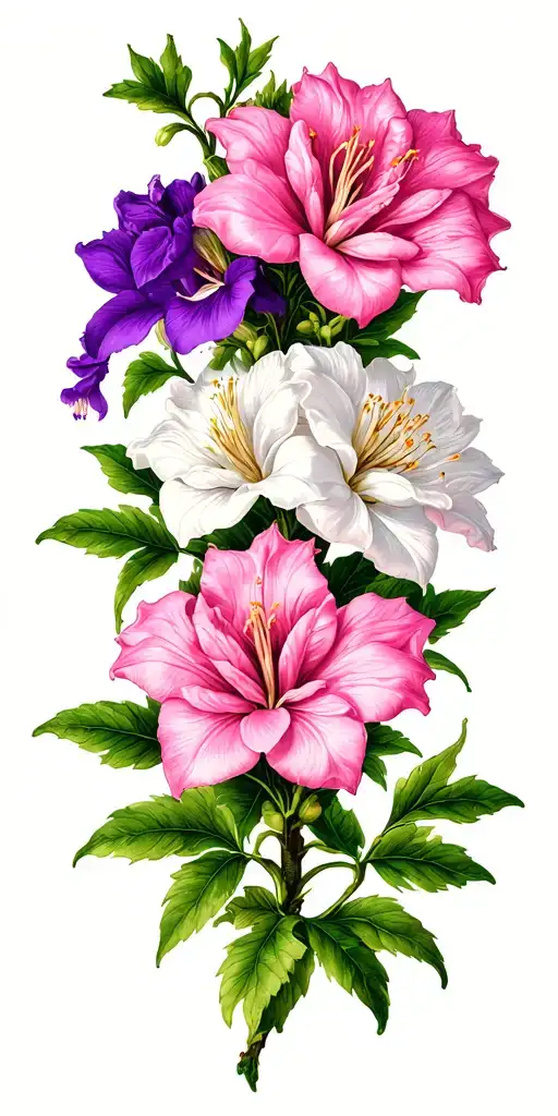 pink, white, purple azalea flowers blooming on long winding vines wrapped around a purple fox glove flower tattoo design idea