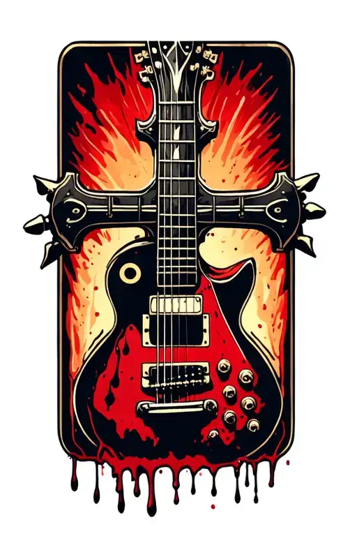 Forearm cross tattoo with guitar fretboard and nails with no borders and blood dripping down the strings tattoo design idea