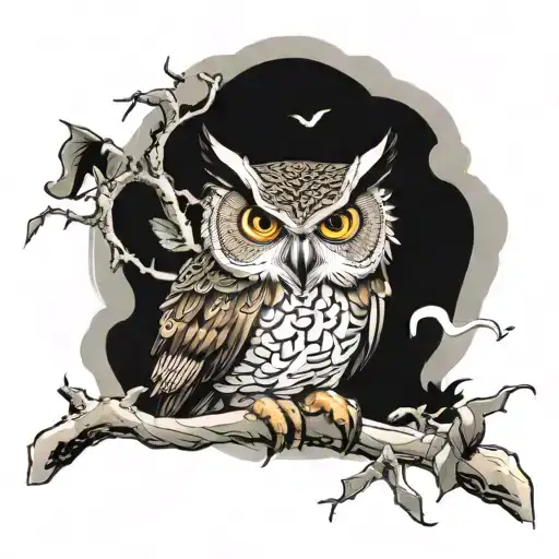 Eagle owl looking away, looking angry, sitting on a branch tattoo design idea