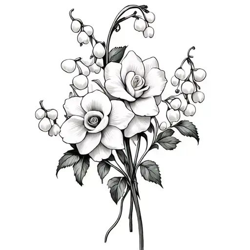 daffodil lily of valley intertwined with eachother roses violets narcissus  tattoo design idea