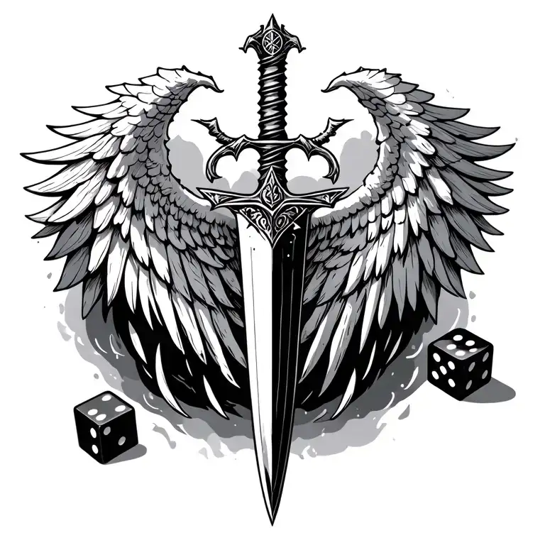 A dagger with one demon wing and one angel wing on the other side to symbol the pathway you can choose a dice in the mid tattoo design idea