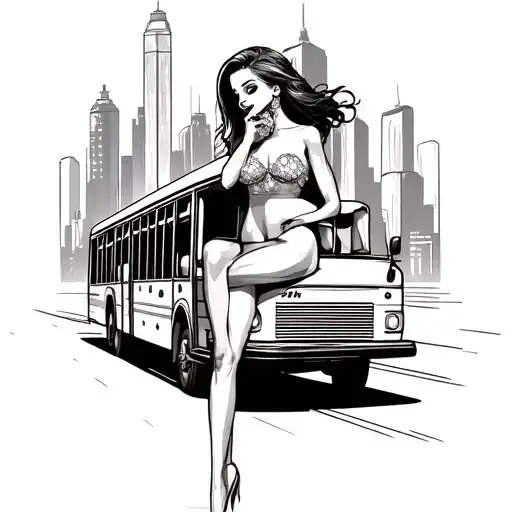 sexy girl and bus driving through city steencle  tattoo design idea