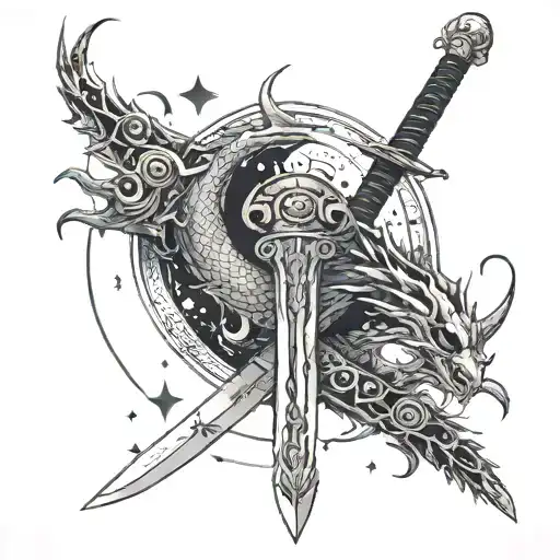 filipino sword with the bakunawa(the moon eater dragon) wrapped around it and moon upbove with stars surrounding  tattoo design idea