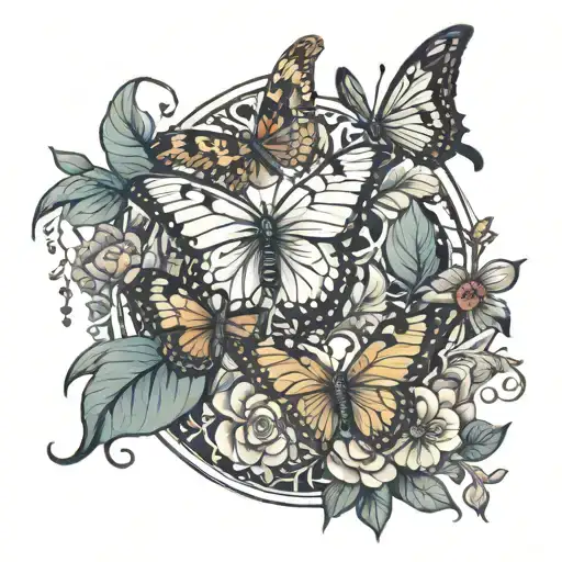butterflies, doves, merigold flower, hearts tattoo design idea