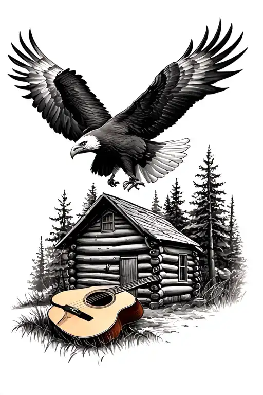 Log Cabin With An Acoustic Guitar In Front And An Eagle Flying Above. Nature Scene Tattoo tattoo design idea