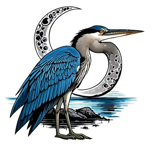 blue heron standing in moon tattoo design idea